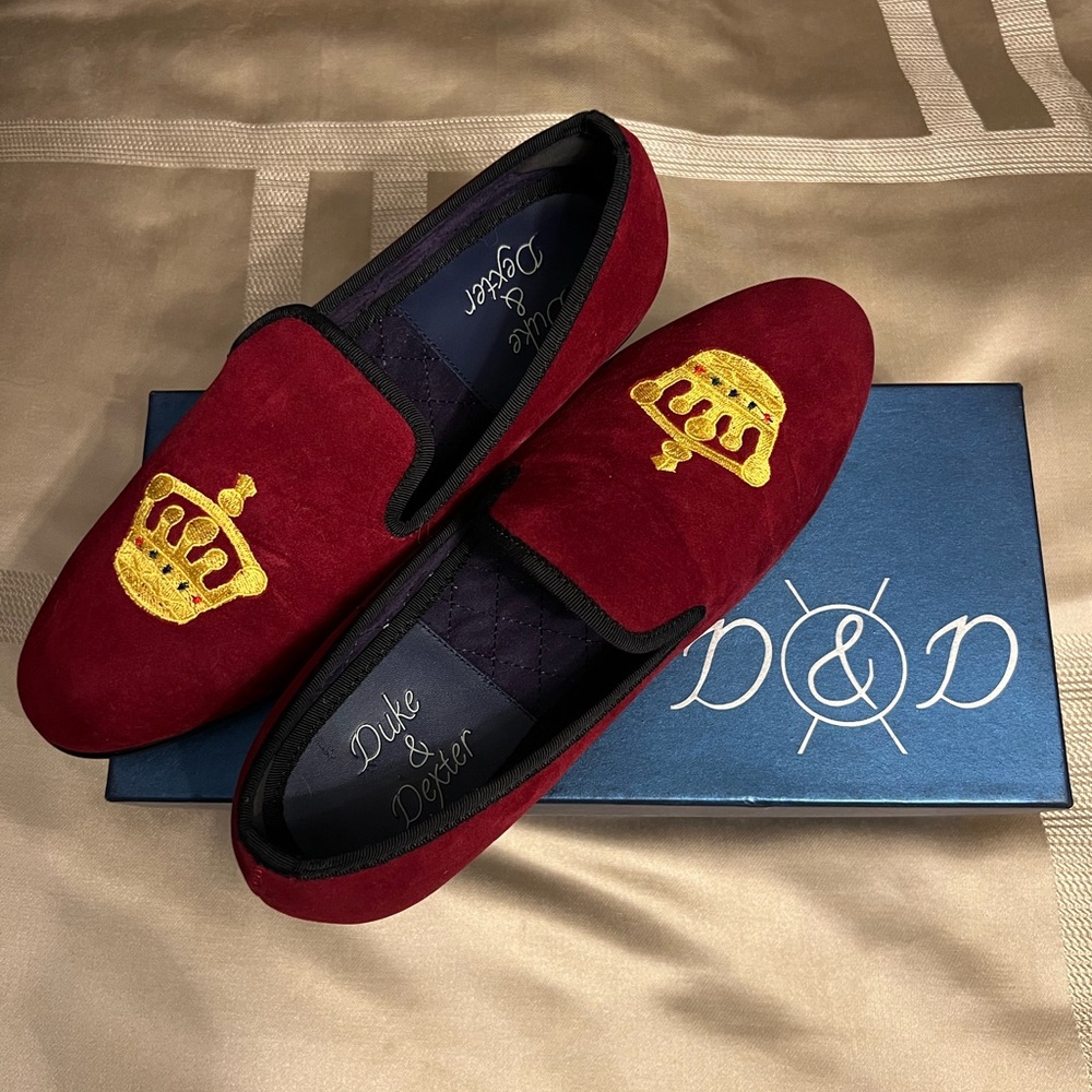 Handmade Duke and Dexter Burgundy/Red Velvet Loafers Gold Crown Embroidery UK